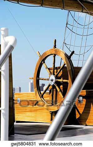 Stock Image - Close-up of the helm of a yacht. Fotosearch
