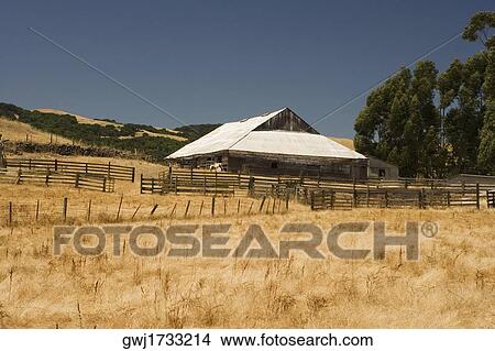 Picture - Cottage on a field surrounded by fence. Fotosearch