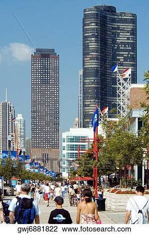 Stock Image - Group of people walking on the pier, Navy Pier, Chicago, Illinois, USA. Fotosearch