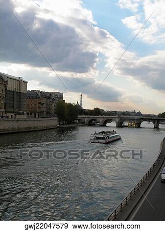 High angle view of a ferry in a river, Seine River, Paris, France View Large Photo Image Stock Photo - High angle view of a ferry in a river, Seine River, Paris, France. Fotosearch