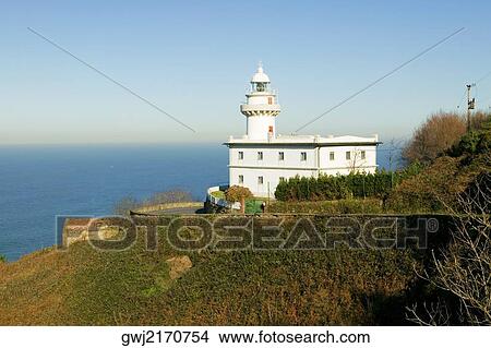 Picture - High angle view of a light house on the coast, Spain. Fotosearch