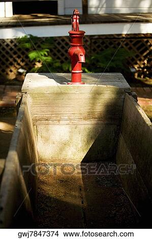 Picture - High angle view of a water pump and bucket. Fotosearch
