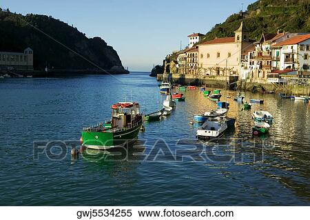 Stock Photography - High angle view of boats moored at a dock, Spain. Fotosearch