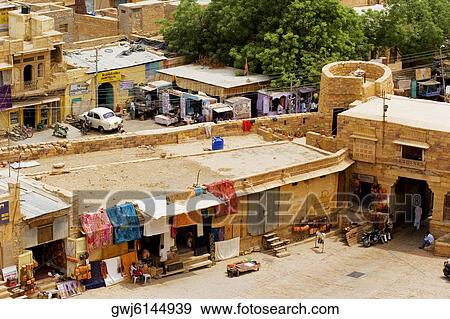 High angle view of shops, Jaisalmer, Rajasthan, India View Large Photo Image Stock Photo - High angle view of shops, Jaisalmer, Rajasthan, India. Fotosearch