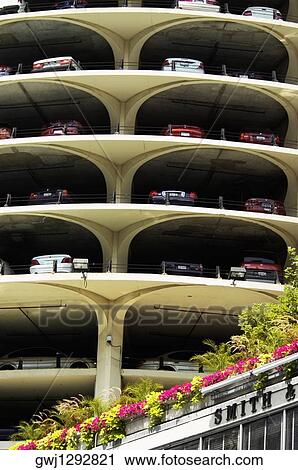 Low angle view of a parking lot, Marina City Complex, Chicago, Illinois, USA View Large Photo Image Stock Image - Low angle view of a parking lot, Marina City Complex, Chicago, Illinois, USA. Fotosearch