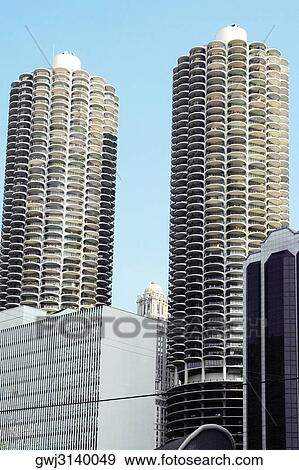 Low angle view of Marina City Complex, Chicago, Illinois, USA View Large Photo Image Stock Photo - Low angle view of Marina City Complex, Chicago, Illinois, USA. Fotosearch