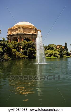 Stock Image - Panoramic view of a fountain and rotunda, The Exploratorium, San Francisco, California, USA. Fotosearch