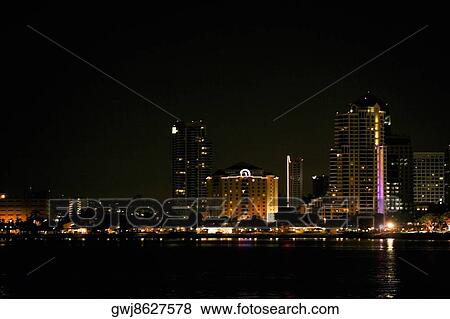 Panoramic view of city at night, San Diego Bay, San Diego, California, USA View Large Photo Image Stock Photo - Panoramic view of city at night, San Diego Bay, San Diego, California, USA. Fotosearch