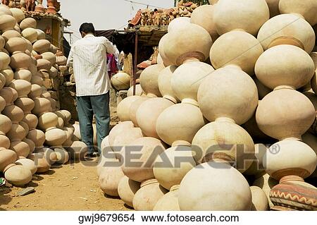 Picture - Stack of terracotta pots, Jaisalmer, Rajasthan, India. Fotosearch