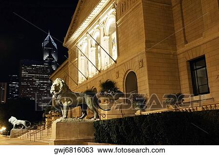 Stock Image - Statue of lions in front of a building, Art Institute of Chicago, Chicago, Illinois, USA. Fotosearch