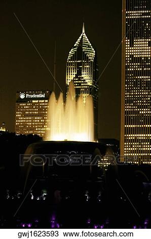 Water fountain lit up at night, Clarence Buckingham Fountain, Chicago, Illinois, USA View Large Photo Image Stock Image - Water fountain lit up at night, Clarence Buckingham Fountain, Chicago, Illinois, USA. Fotosearch