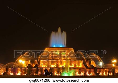 Water fountain lit up at night, Clarence Buckingham Fountain, Chicago, Illinois, USA View Large Photo Image Stock Photograph - Water fountain lit up at night, Clarence Buckingham Fountain, Chicago, Illinois, USA. Fotosearch