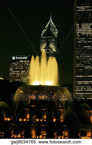 Water fountain lit up at night, Clarence Buckingham Fountain, Chicago, Illinois, USA View Large Photo Image Stock Photography - Water fountain lit up at night, Clarence Buckingham Fountain, Chicago, Illinois, USA. Fotosearch