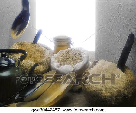 Assorted rice grain in sacks View Large Photo Image Stock Photo - Assorted rice grain in sacks. Fotosearch