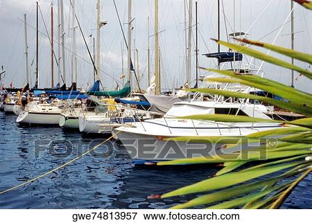 Boats moored at a harbor View Large Photo Image Stock Photo - Boats moored at a harbor. Fotosearch