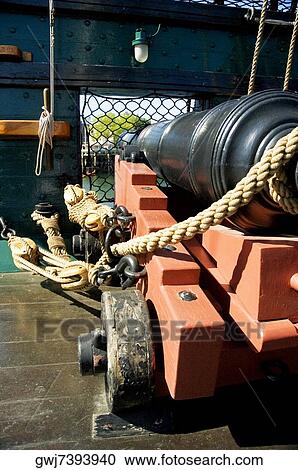 Stock Image - Close-up of a cannon on a ship, Boston, Massachusetts, USA. Fotosearch