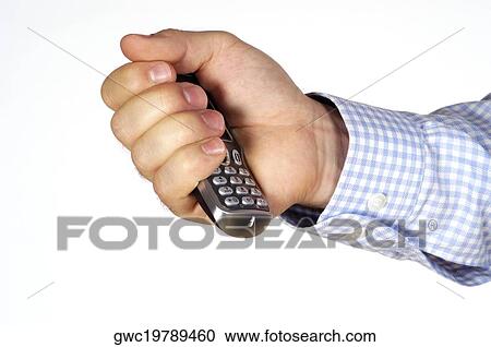 Stock Image - Close-up of a person's hand holding a mobile phone. Fotosearch