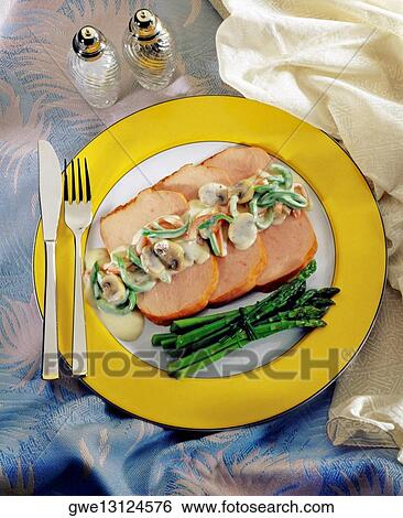 Close-up of sliced ham and sauce in a plate View Large Photo Image Stock Photograph - Close-up of sliced ham and sauce in a plate. Fotosearch
