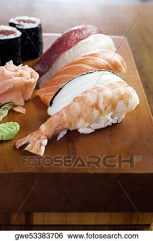 Stock Photograph - Close-up of sushi on a table. Fotosearch