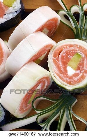 Close-up of sushi rolls View Large Photo Image Stock Photo - Close-up of sushi rolls. Fotosearch