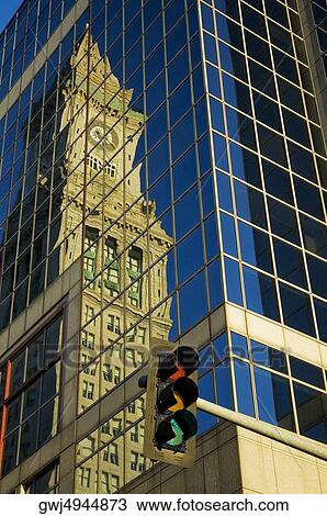 Stock Image - Close-up of the reflection of a tower on the glass front of a building, Custom House, Boston, Massachusetts, USA. Fotosearch