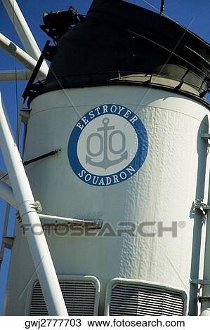 Stock Image - Close-up of the smoke stack of a military ship, Boston, Massachusetts, USA. Fotosearch