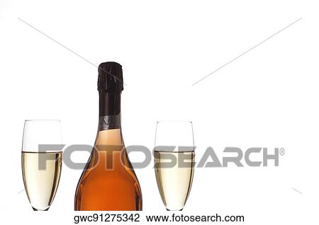 Stock Image - Close-up of two glasses of wine with a wine bottle. Fotosearch