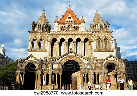 Stock Image - Group of people in front of a church, Trinity Church, Boston, Massachusetts, USA. Fotosearch