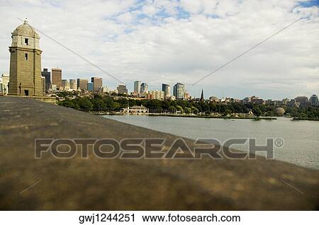 Stock Image - High angle view of a bridge, Longfellow Bridge, Esplanade, Boston, Massachusetts, USA. Fotosearch