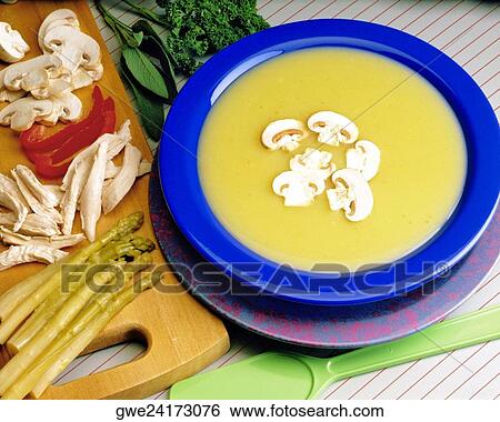 Stock Photograph - High angle view of a mushroom soup in a bowl. Fotosearch