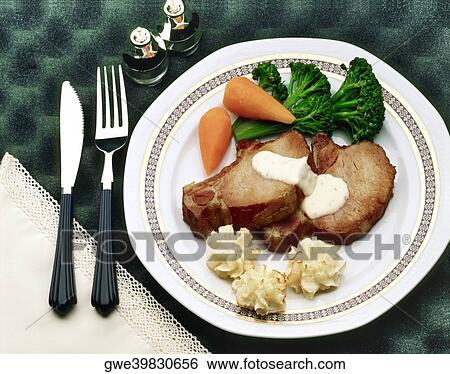 Stock Photograph - High angle view of chulets on a plate. Fotosearch