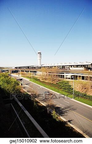 Stock Image - High angle view of control tower at the Ronald Reagan Washington National Airport, Washington DC, USA. Fotosearch