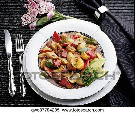 High angle view of pork and sliced vegetables in a dish View Large Photo Image Stock Photography - High angle view of pork and sliced vegetables in a dish. Fotosearch