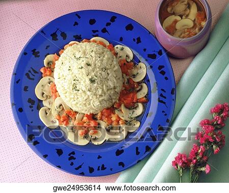 High angle view of rice served with mushrooms View Large Photo Image Picture - High angle view of rice served with mushrooms. Fotosearch