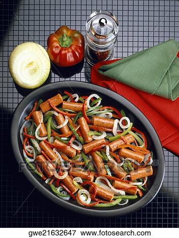 Stock Photo - High angle view of salchichas verduras. Fotosearch