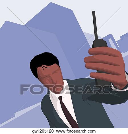 Clipart - Businessman holding a cordless phone. Fotosearch