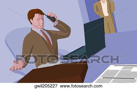 Stock Illustration - Businessman sitting in front of a laptop holding a cordless phone. Fotosearch
