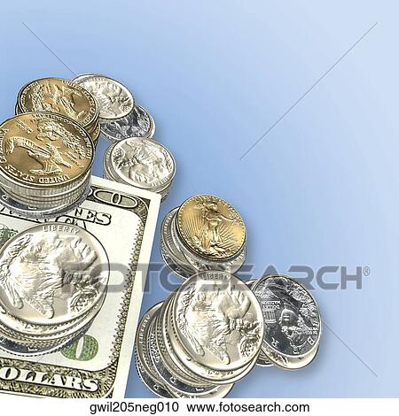 Close-up of a bundle of one hundred dollar bills and stacked coins View Large Illustration Clipart - Close-up of a bundle of one hundred dollar bills and stacked coins. Fotosearch
