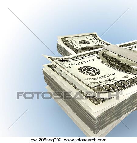 Close-up of a bundle of one hundred dollar bills View Large Illustration Drawing - Close-up of a bundle of one hundred dollar bills. Fotosearch