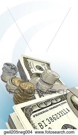 Close-up of a bundle of one hundred dollar bills and coins View Large Illustration Stock Illustration - Close-up of a bundle of one hundred dollar bills and coins. Fotosearch
