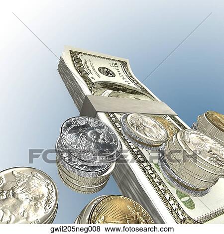 Close-up of a bundle of one hundred dollar bills and stacked coins View Large Illustration Stock Illustration - Close-up of a bundle of one hundred dollar bills and stacked coins. Fotosearch