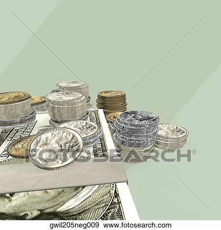 Stock Illustration - Close-up of a bundle of one hundred dollar bills and stacked coins. Fotosearch