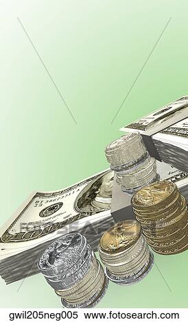 Stock Illustration - Close-up of one hundred dollar bills and coins. Fotosearch