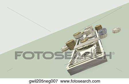 Stock Illustration - Close-up of one hundred dollar bills and stacked coins. Fotosearch