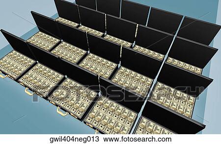 High angle view of American dollar bills in briefcases View Large Illustration Drawing - High angle view of American dollar bills in briefcases. Fotosearch