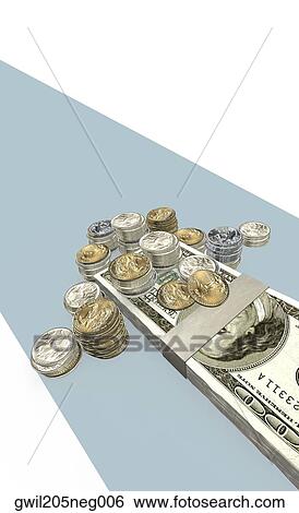 High angle view of one hundred dollar bills and coins View Large Illustration Stock Illustration - High angle view of one hundred dollar bills and coins. Fotosearch