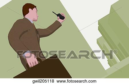 Stock Illustration - Low angle view of a businessman holding a briefcase and a cordless phone. Fotosearch