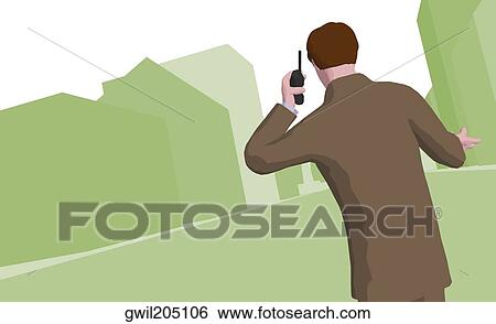 Stock Illustration - Rear view of a businessman talking on a cordless phone. Fotosearch