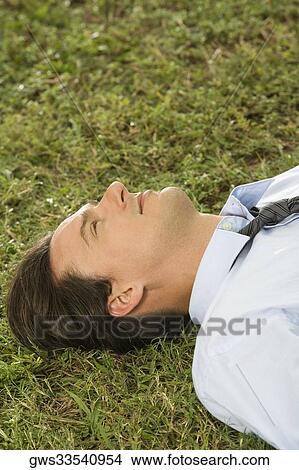 Picture - High angle view of a businessman lying on the grass. Fotosearch