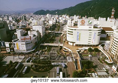 High angle view of a city, Central Tokushima, Shikoku, Japan View Large Photo Image Stock Photo - High angle view of a city, Central Tokushima, Shikoku, Japan. Fotosearch